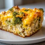 A close-up of a square serving of chicken broccoli rice casserole topped with melted cheddar cheese and visible broccoli florets.