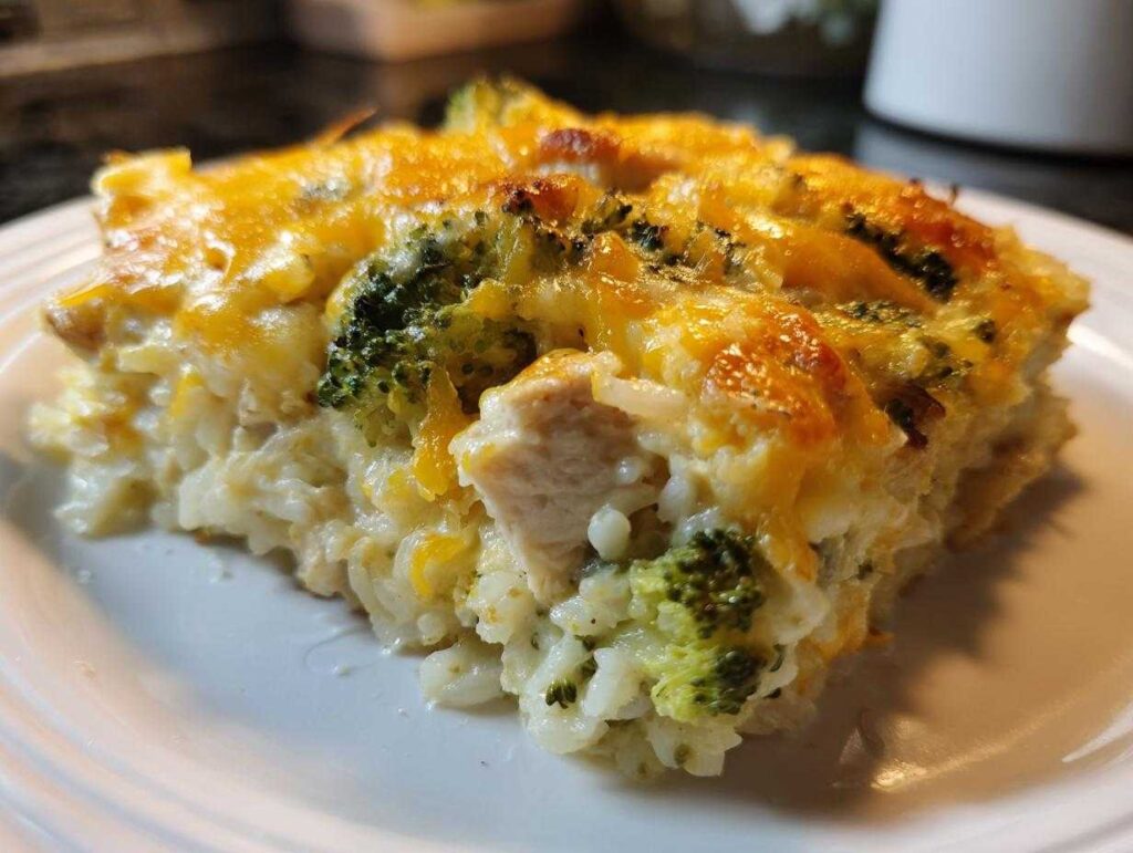 A close-up of a serving of creamy chicken broccoli rice casserole topped with golden, melted cheddar cheese.