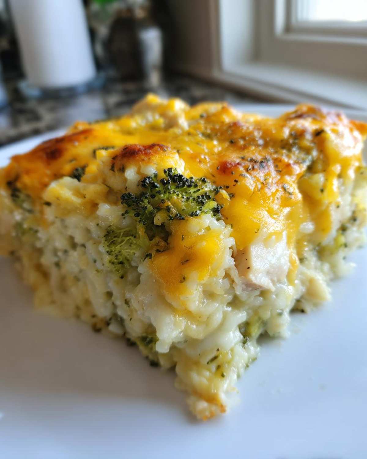 Close-up of a square serving of creamy chicken broccoli rice casserole topped with melted, browned cheddar cheese.