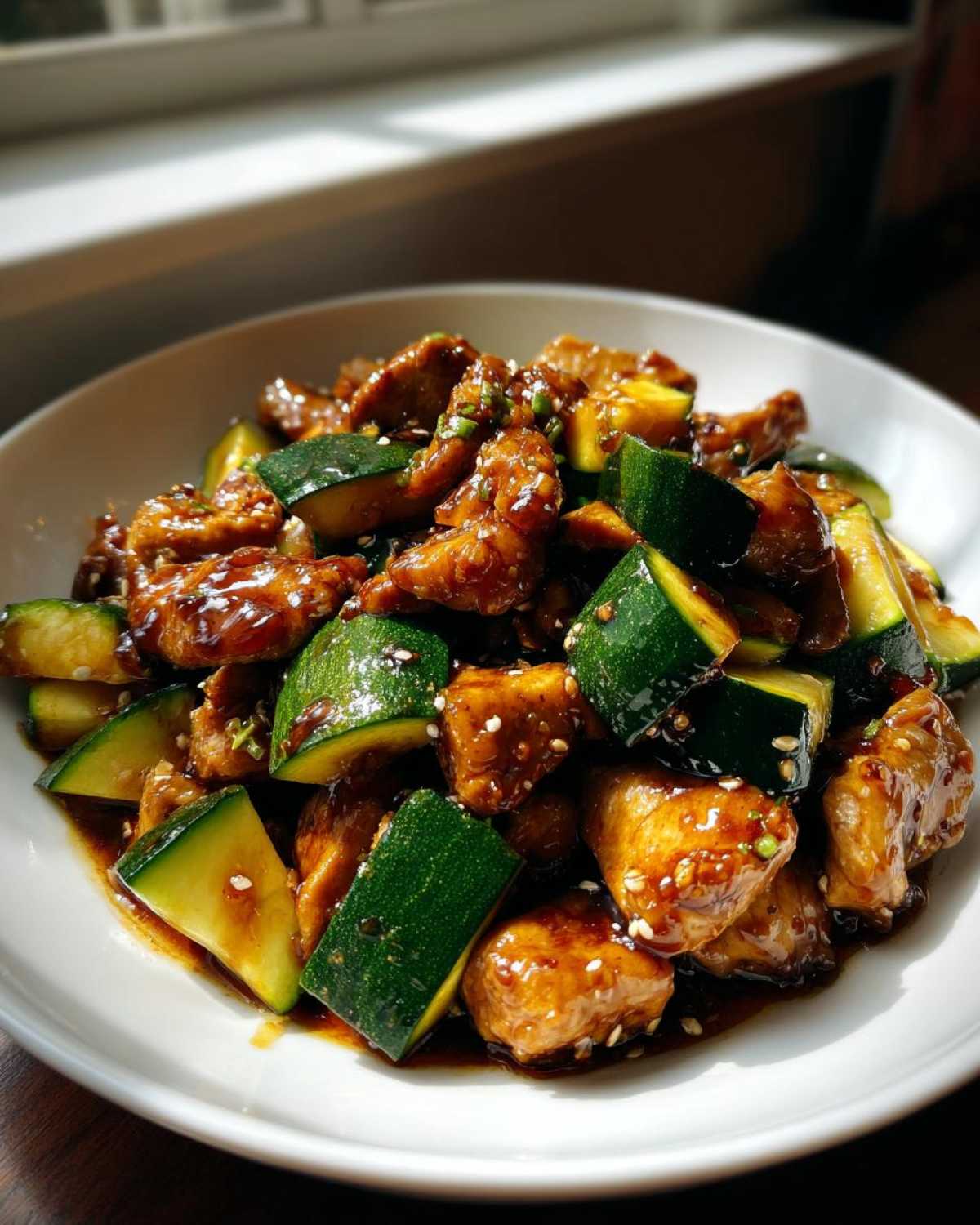 A close-up of glossy, saucy chicken zucchini stir fry pieces garnished with sesame seeds in a white bowl.
