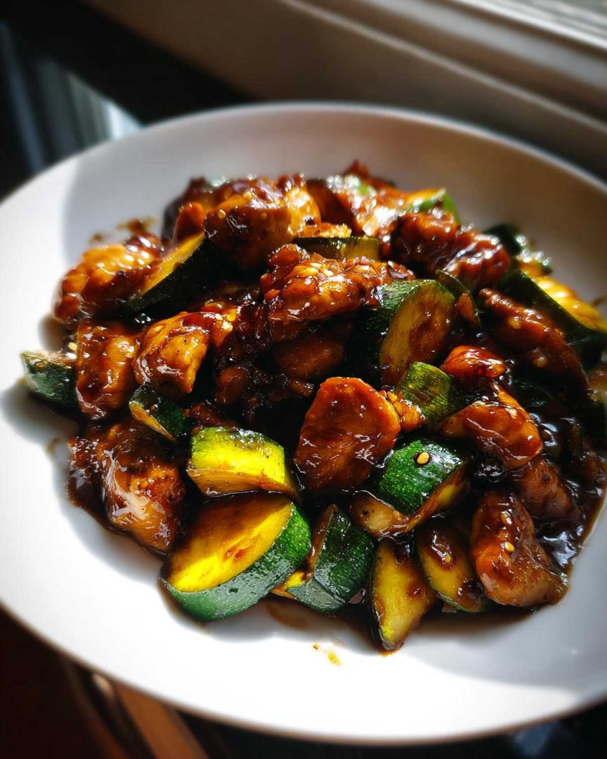A close-up of glossy, saucy chicken zucchini stir fry served in a white bowl.