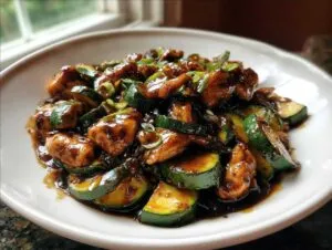 A close-up of glossy chicken zucchini stir fry coated in dark sauce, garnished with green onions.