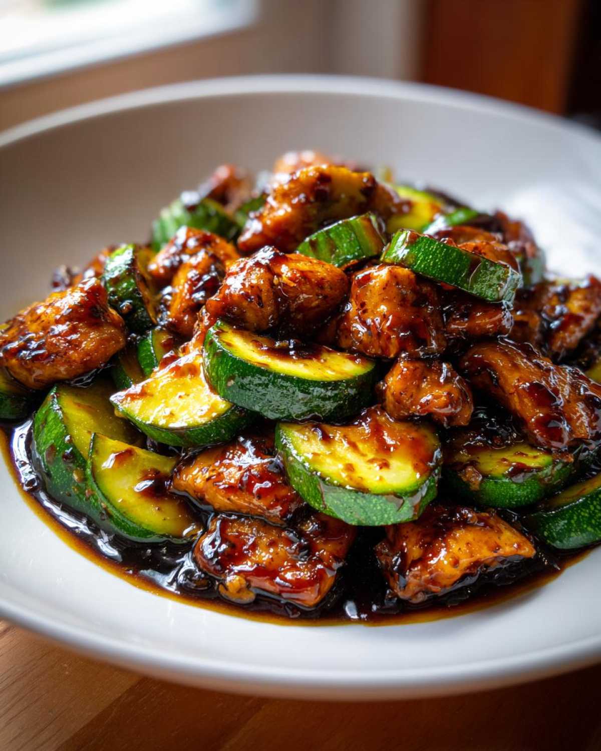 Close-up of glossy, saucy chicken zucchini stir fry served in a white bowl.