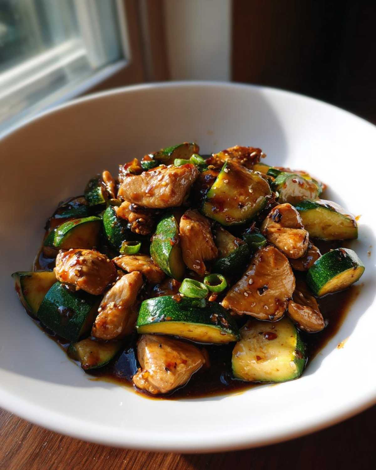 Close-up of glistening chicken zucchini stir fry coated in dark sauce, garnished with sesame seeds.