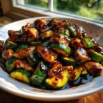 Close-up of a plate featuring juicy chicken zucchini stir fry coated in a rich, dark sauce.