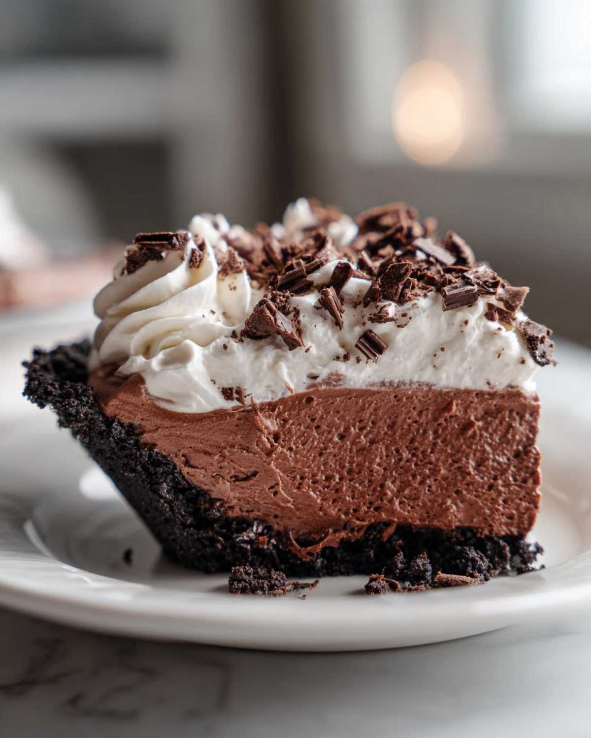 A close-up of a decadent slice of chocolate mousse pie featuring a dark crust, thick mousse filling, whipped cream, and chocolate shavings.
