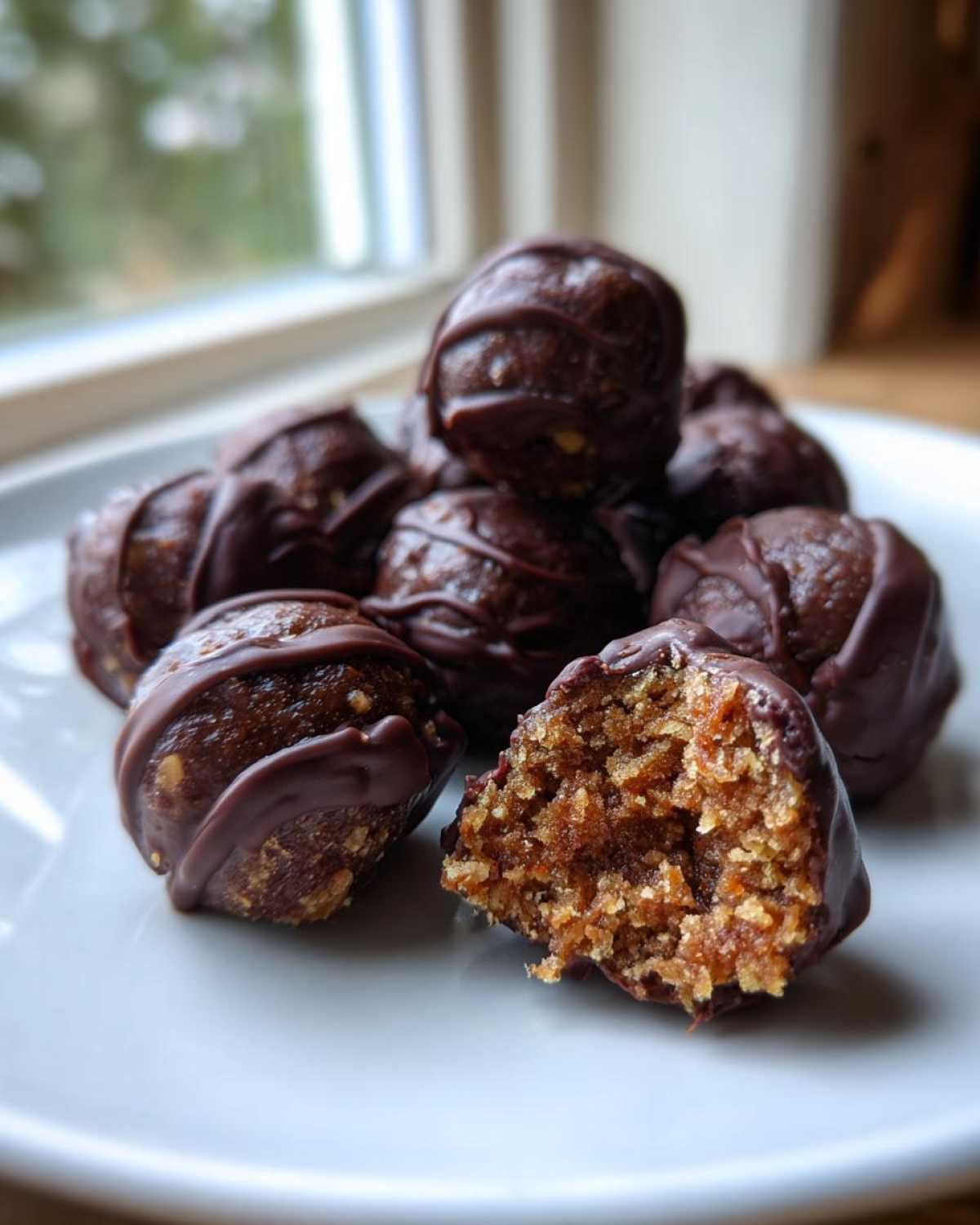 Close-up of several chocolate-covered pecan pie balls, one is bitten open showing the textured filling.