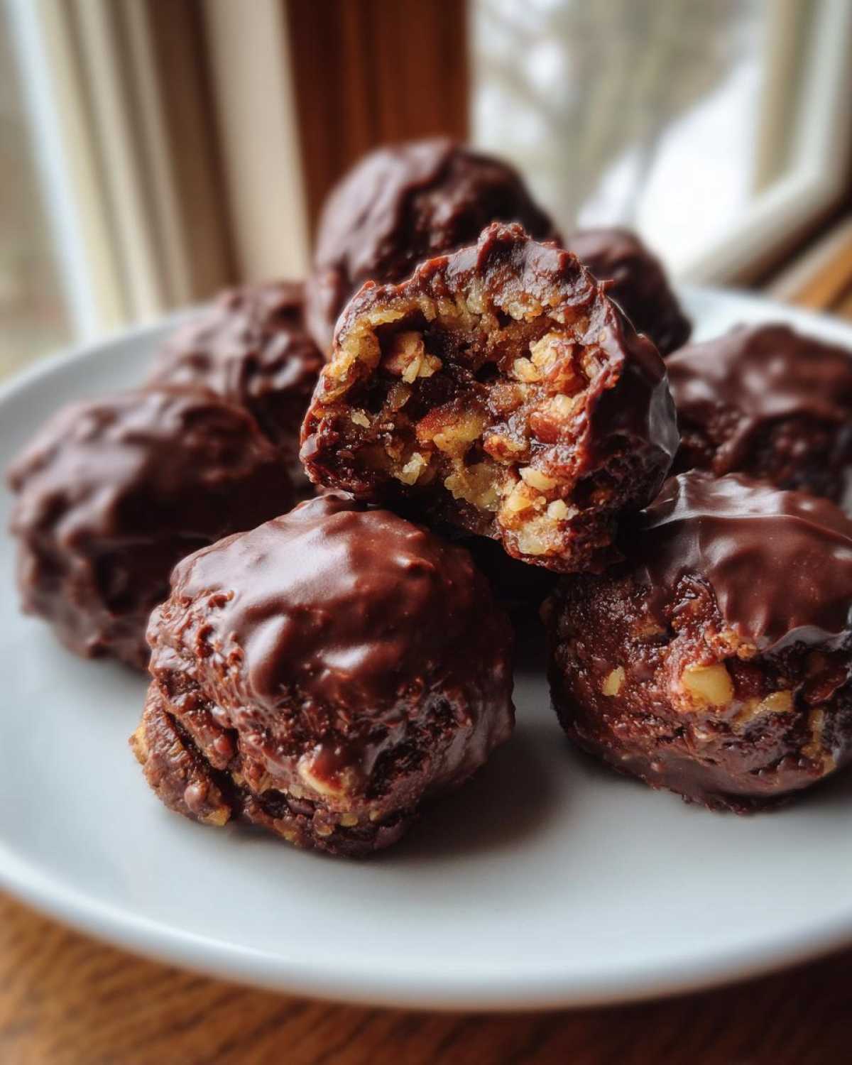A stack of rich, chocolate-coated pecan pie balls, one broken open to show the nutty interior.