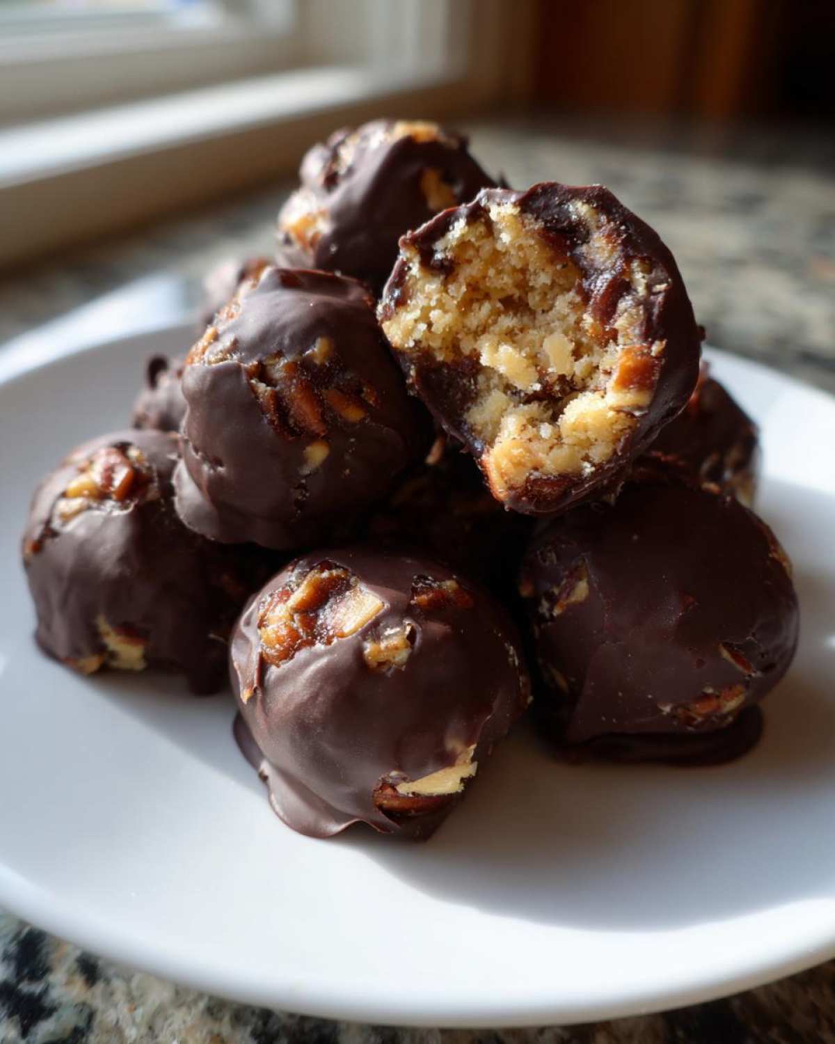 A pile of chocolate-dipped pecan pie balls on a white plate, one broken open showing the nutty interior.