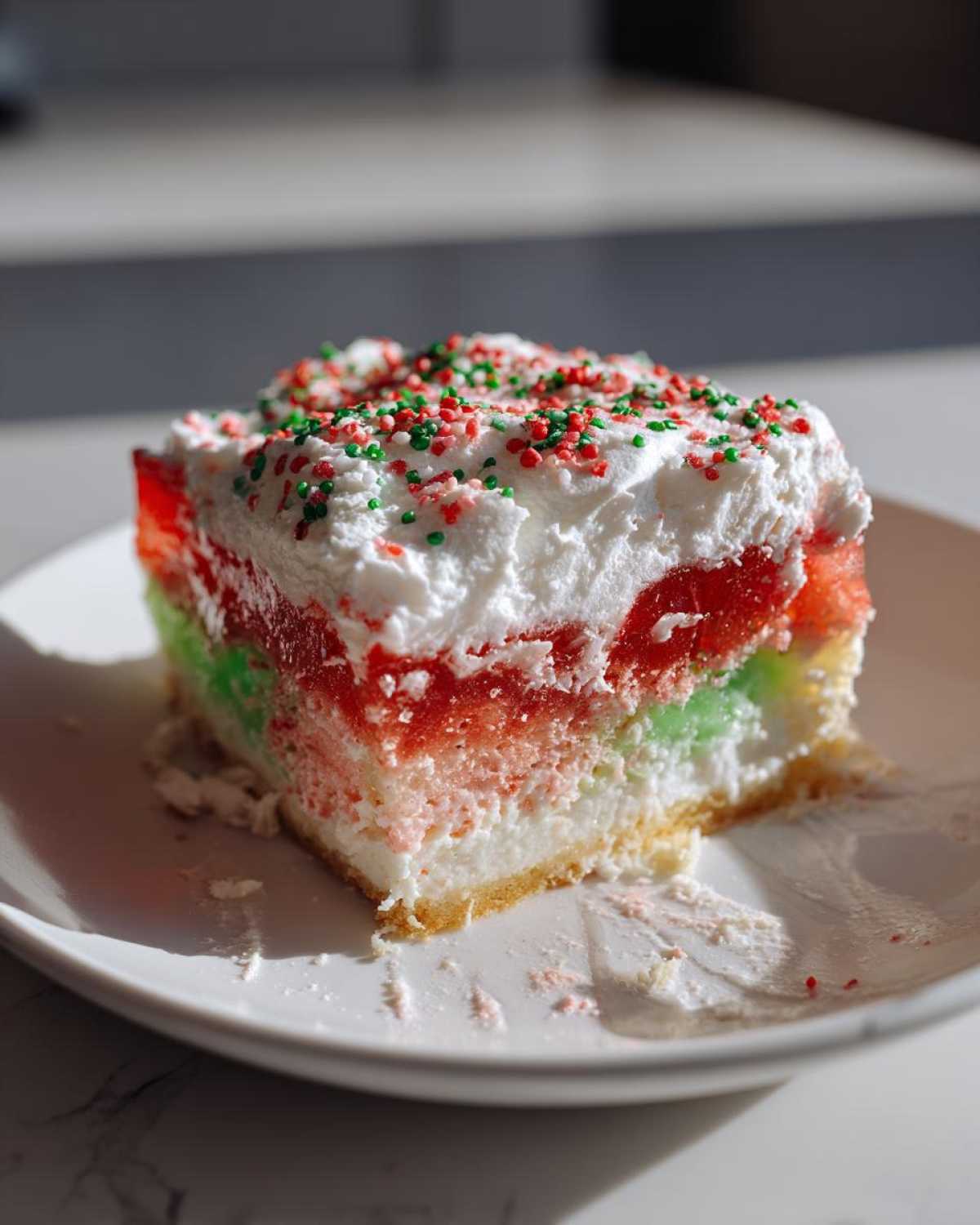 A square slice of colorful Christmas poke cake layered with red and green gelatin, topped with whipped cream and red/green sprinkles.
