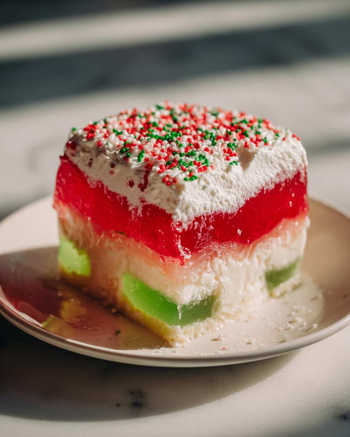 A colorful slice of christmas poke cake featuring layers of red and green jello, white cream, and festive sprinkles.