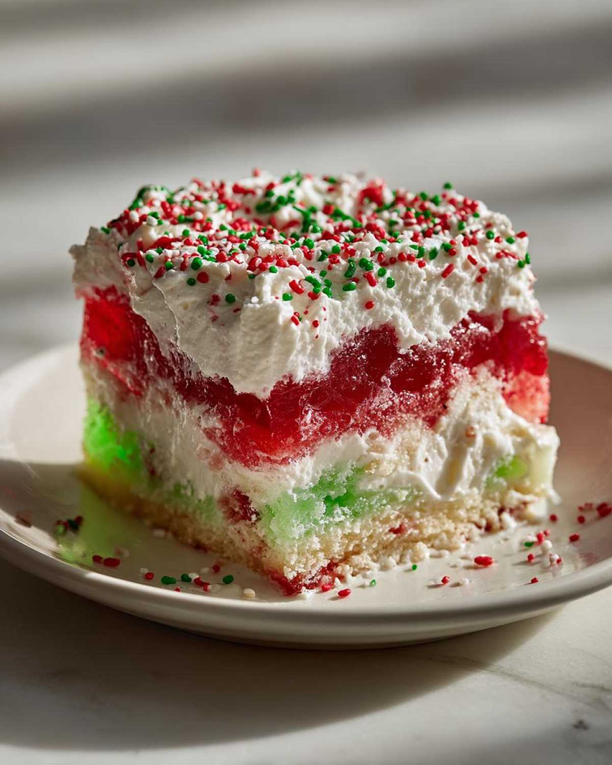 A close-up slice of Christmas poke cake featuring red and green jello layers, whipped topping, and holiday sprinkles.