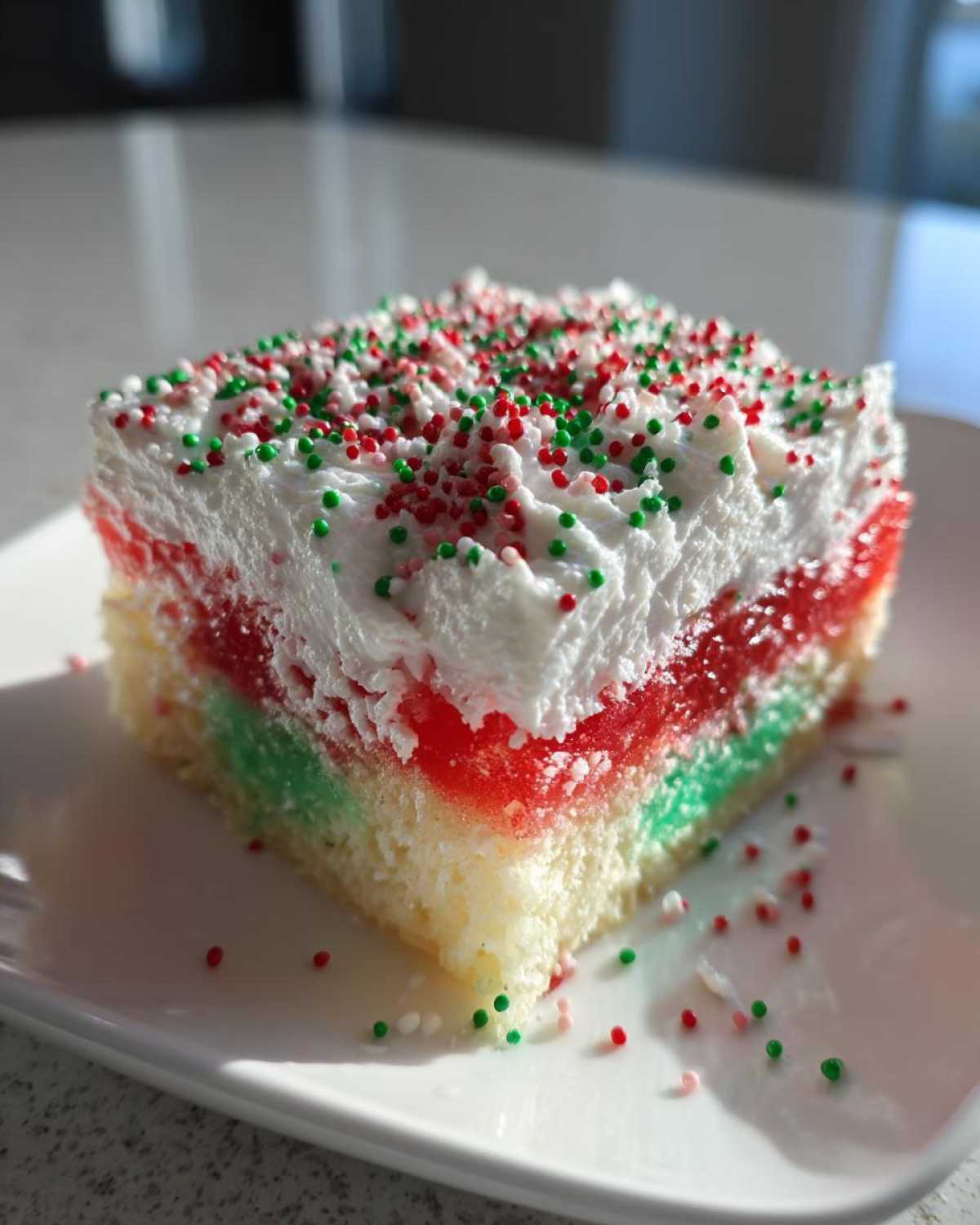A square slice of christmas poke cake featuring layers of white cake, red gelatin, green gelatin, whipped topping, and red/green sprinkles.