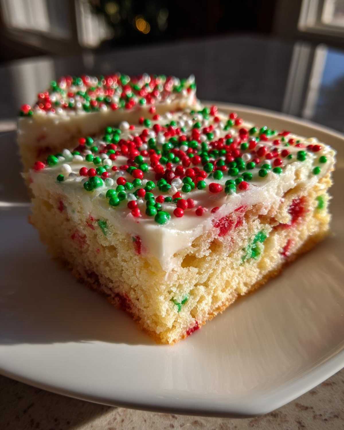 A close-up of a square slice of christmas sugar cookie bars topped with white frosting and red, green, and white sprinkles.
