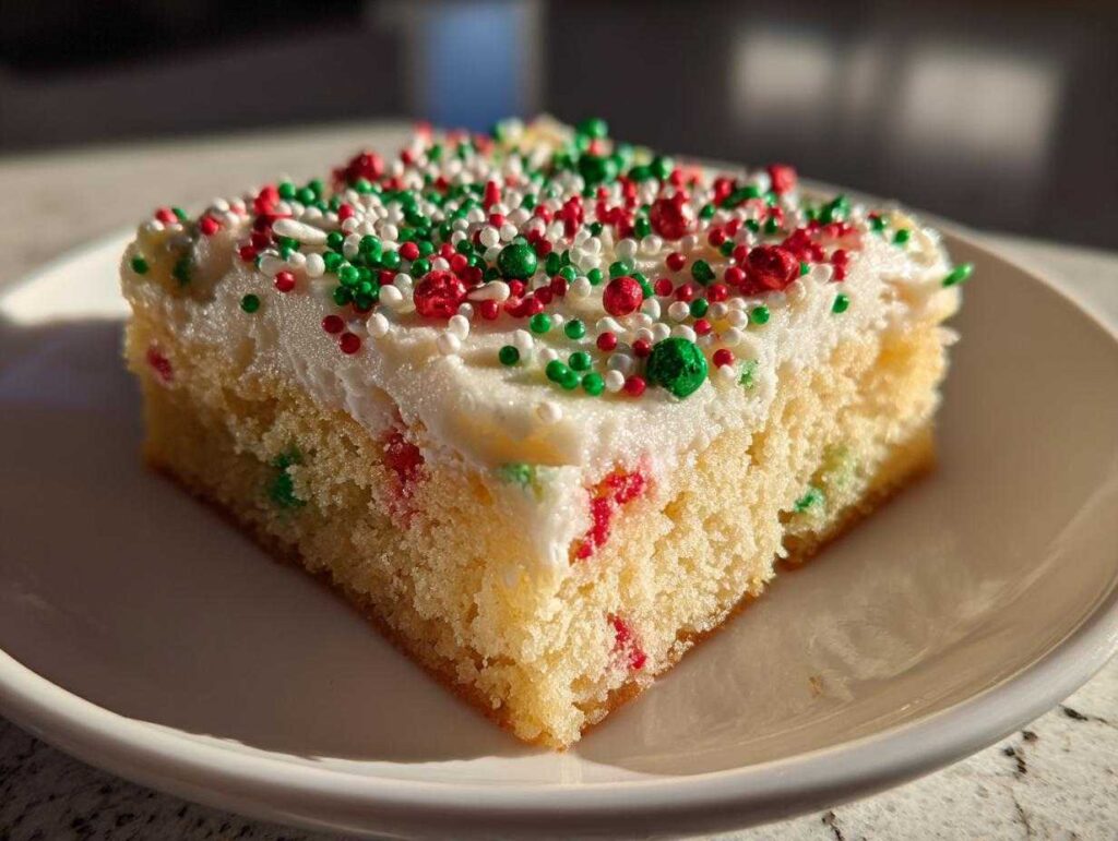 A close-up of a square slice of christmas sugar cookie bars topped with white frosting and red, green, and white sprinkles.