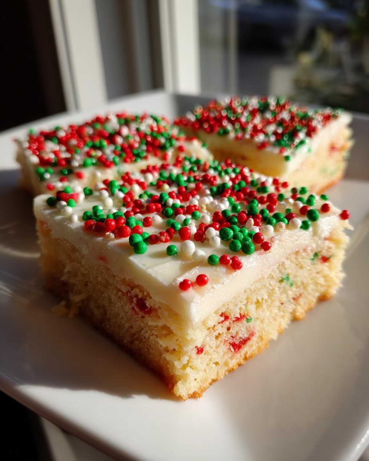 Three squares of christmas sugar cookie bars topped with white frosting and red, green, and white sprinkles.