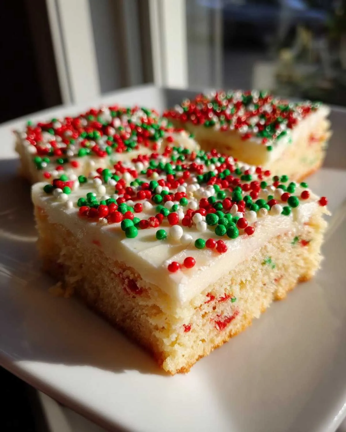 Three squares of christmas sugar cookie bars topped with white frosting and red, green, and white sprinkles.