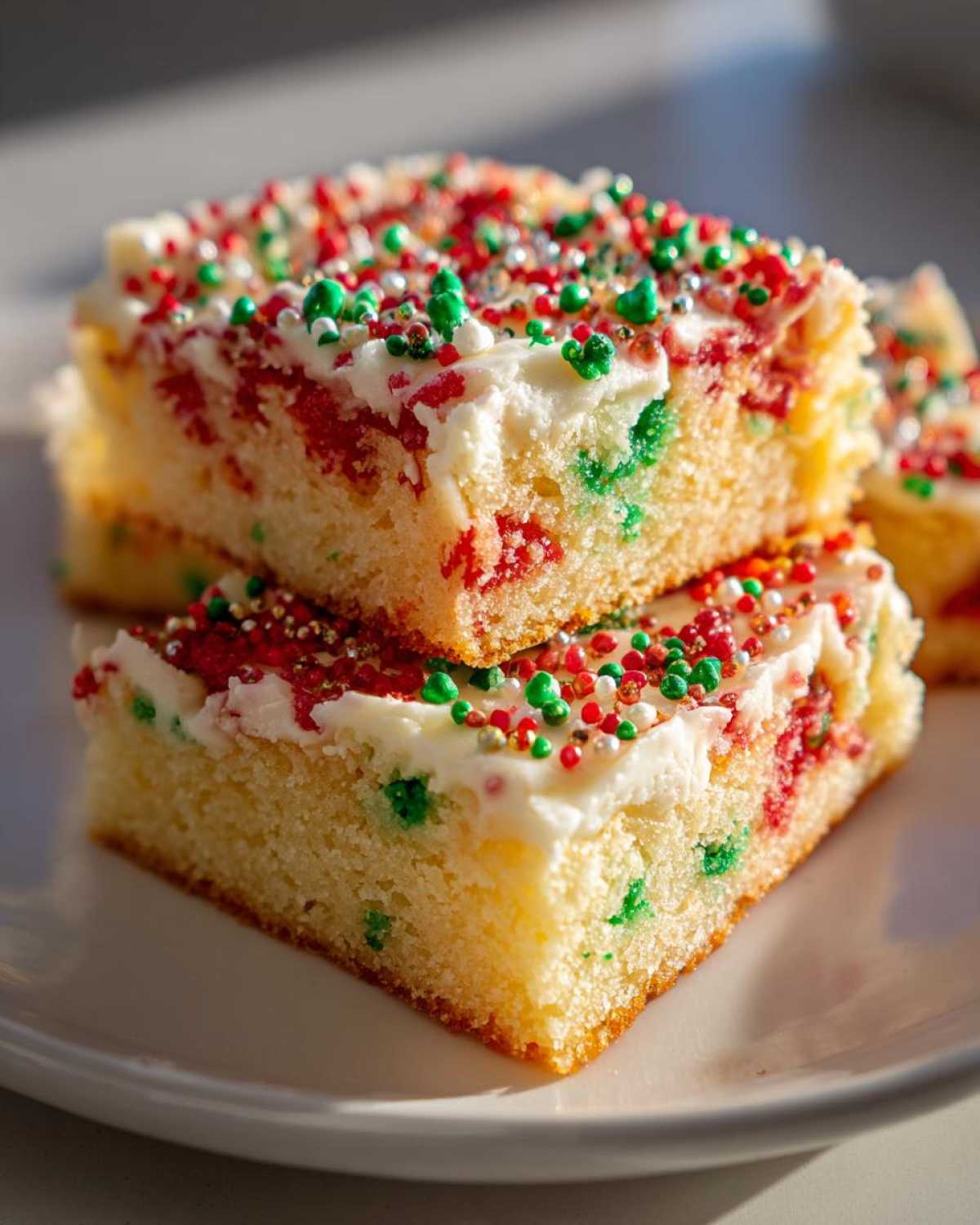 Close-up of two stacked christmas sugar cookie bars topped with white frosting and red, green, and silver sprinkles.