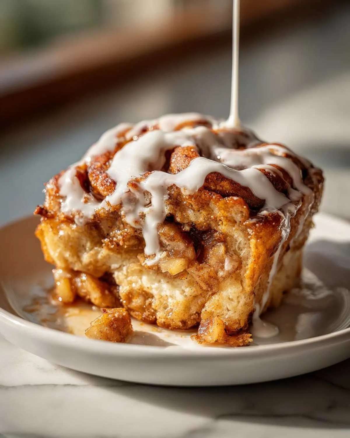 Close-up of a single serving of cinnamon roll apple pie topped with white icing being drizzled.