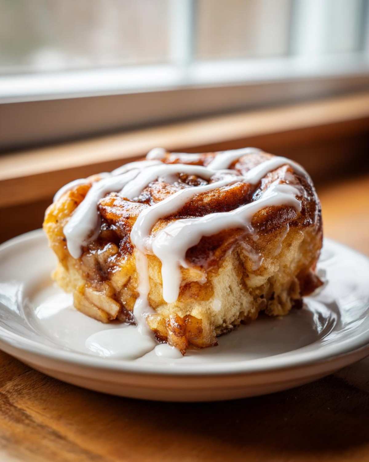 A close-up of a single serving of cinnamon roll apple pie drizzled with white icing.