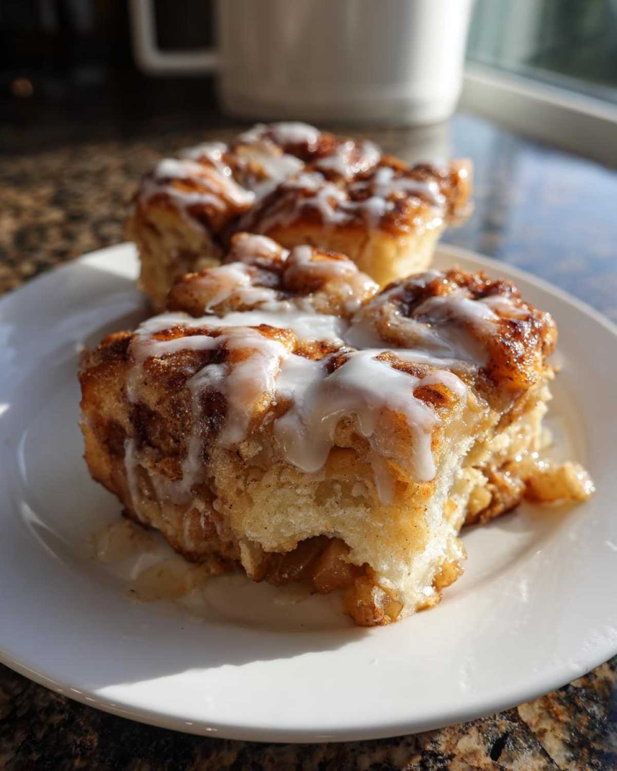 Two servings of gooey cinnamon roll apple pie slices drizzled with white icing on a white plate.