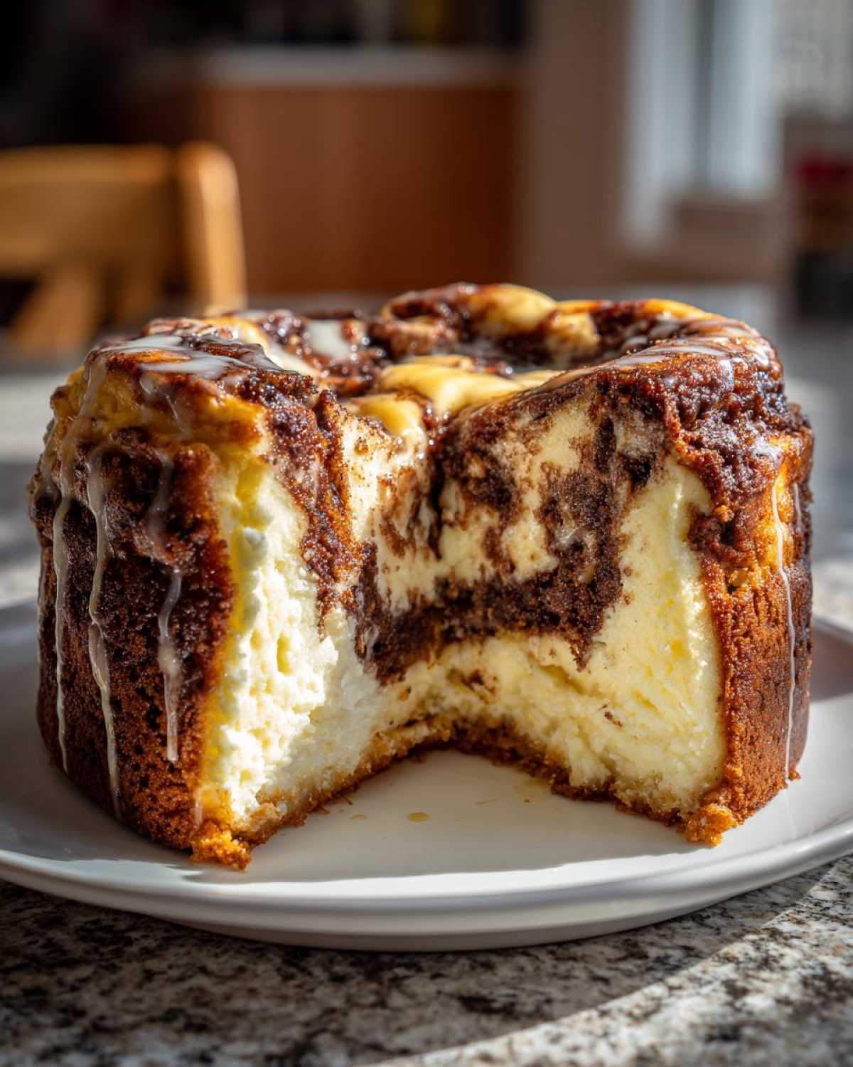 A rich cinnamon roll cheesecake with a slice removed, showing the creamy interior and cinnamon swirl.