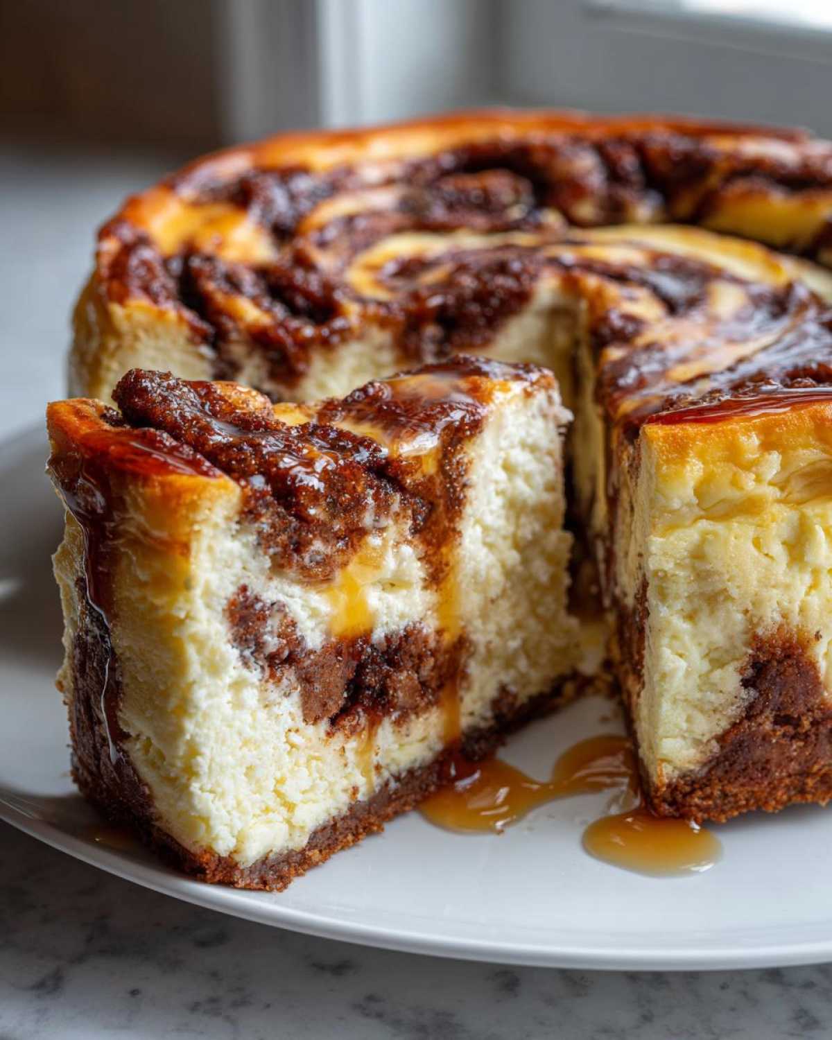 A thick slice of creamy cinnamon roll cheesecake drizzled with caramel sauce on a white plate.