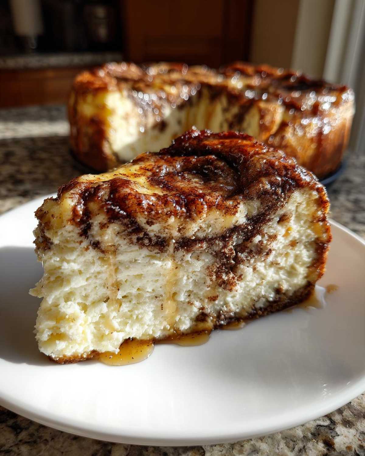 A close-up slice of creamy cinnamon roll cheesecake drizzled with glaze on a white plate.