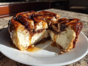 A cross-section slice of rich cinnamon roll cheesecake drizzled with sticky brown sugar glaze on a white plate.