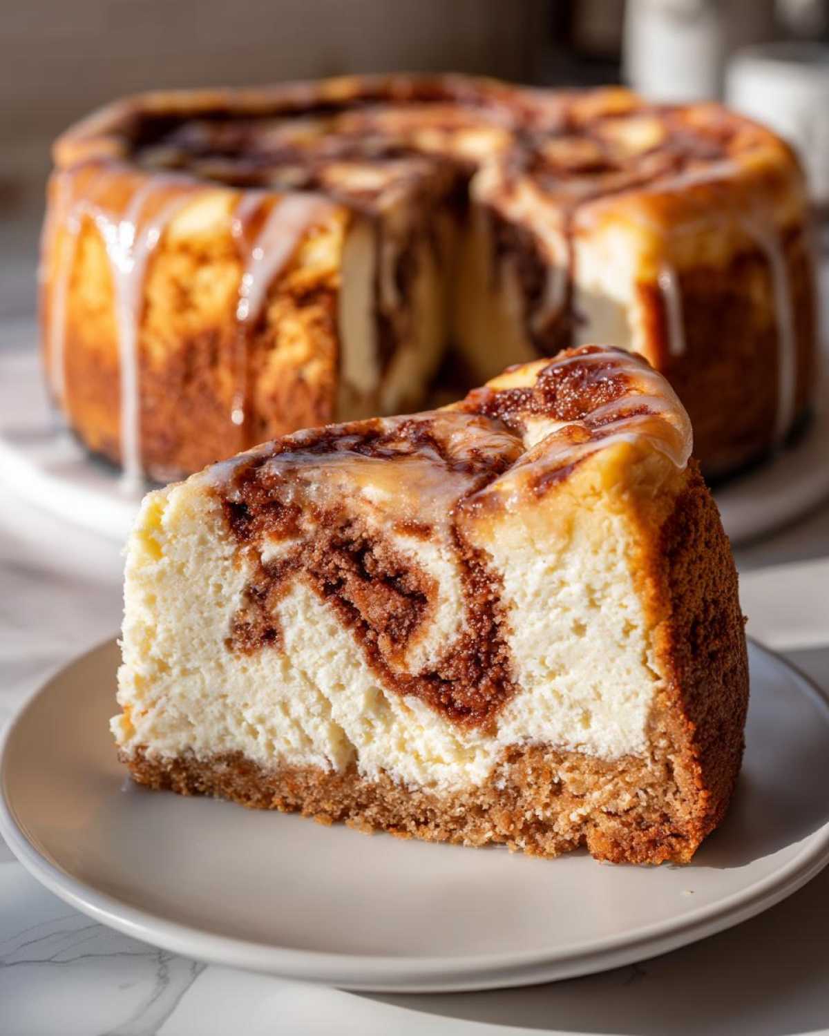 A perfect slice of cinnamon roll cheesecake with a cinnamon swirl and cream cheese frosting drizzle.