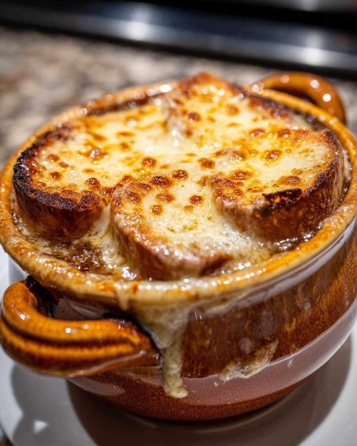 Close-up of a bubbling, cheesy topping over bread in a crock of rich French onion soup.