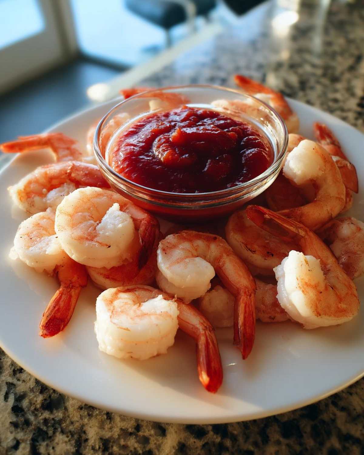 A white plate featuring chilled, cooked shrimp arranged around a small glass bowl of bright red cocktail sauce for shrimp cocktail.