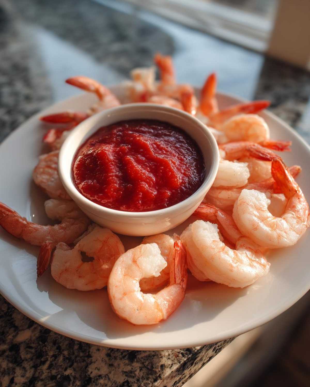 A plate of chilled, cooked shrimp surrounding a small white bowl of bright red cocktail sauce for a shrimp cocktail.