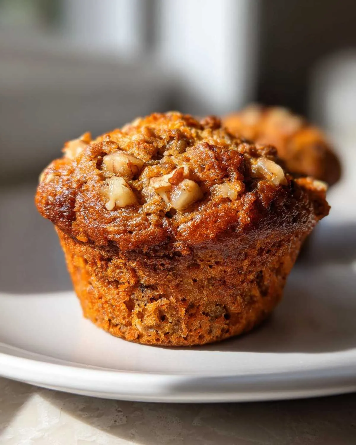 A close-up, sunlit photo of a single, richly browned morning glory muffin topped with chopped walnuts.