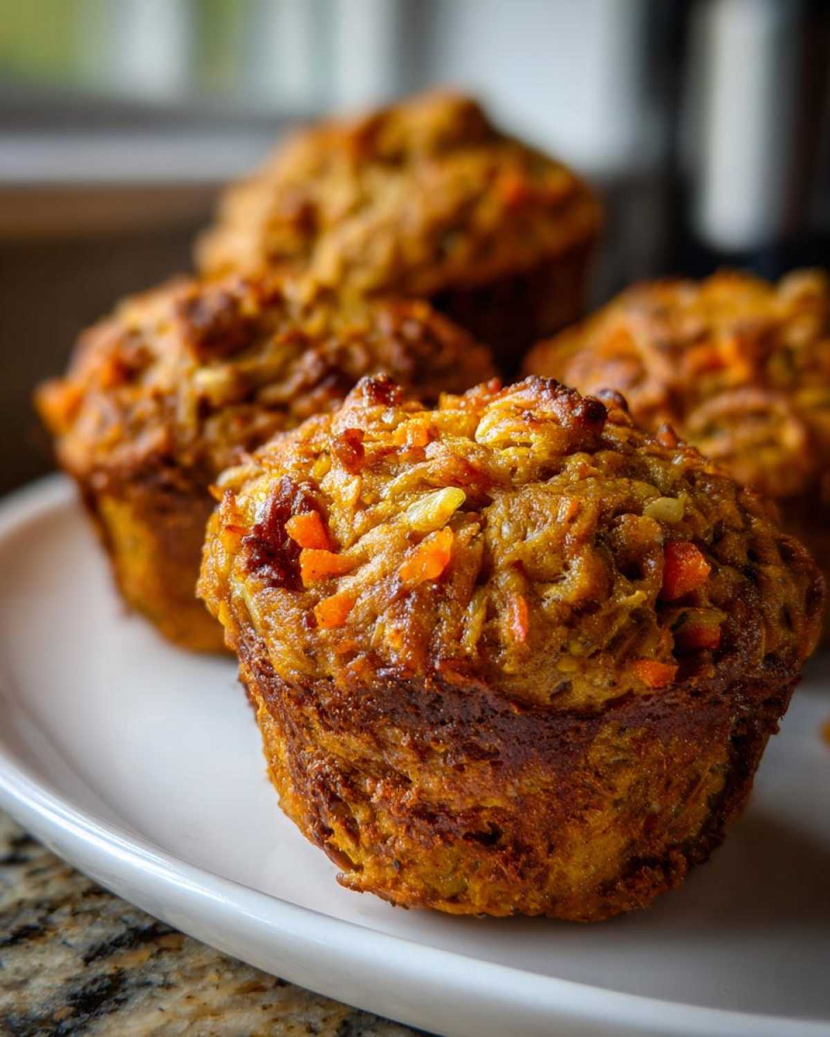 A close-up of freshly baked morning glory muffins showing visible shredded carrots and texture on a white plate.