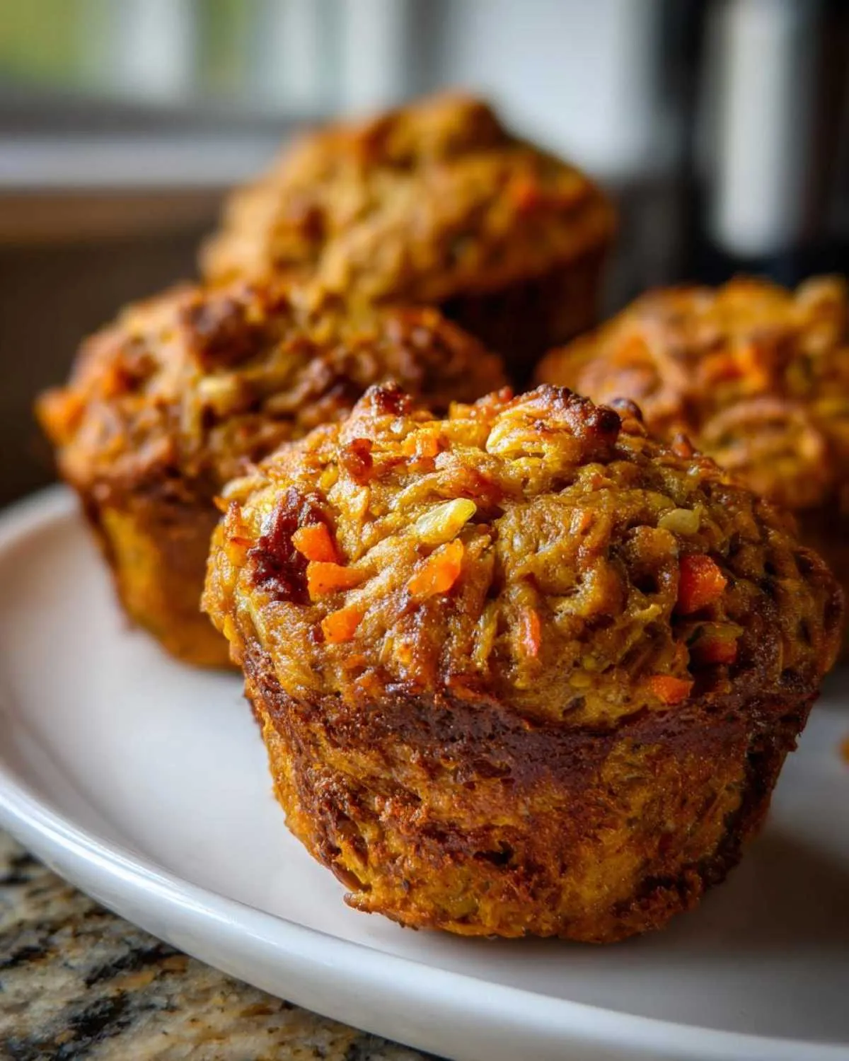 A close-up of freshly baked morning glory muffins showing visible shredded carrots and texture on a white plate.