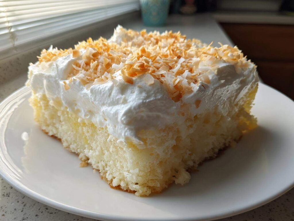 A moist slice of coconut poke cake topped with fluffy white frosting and toasted coconut flakes.