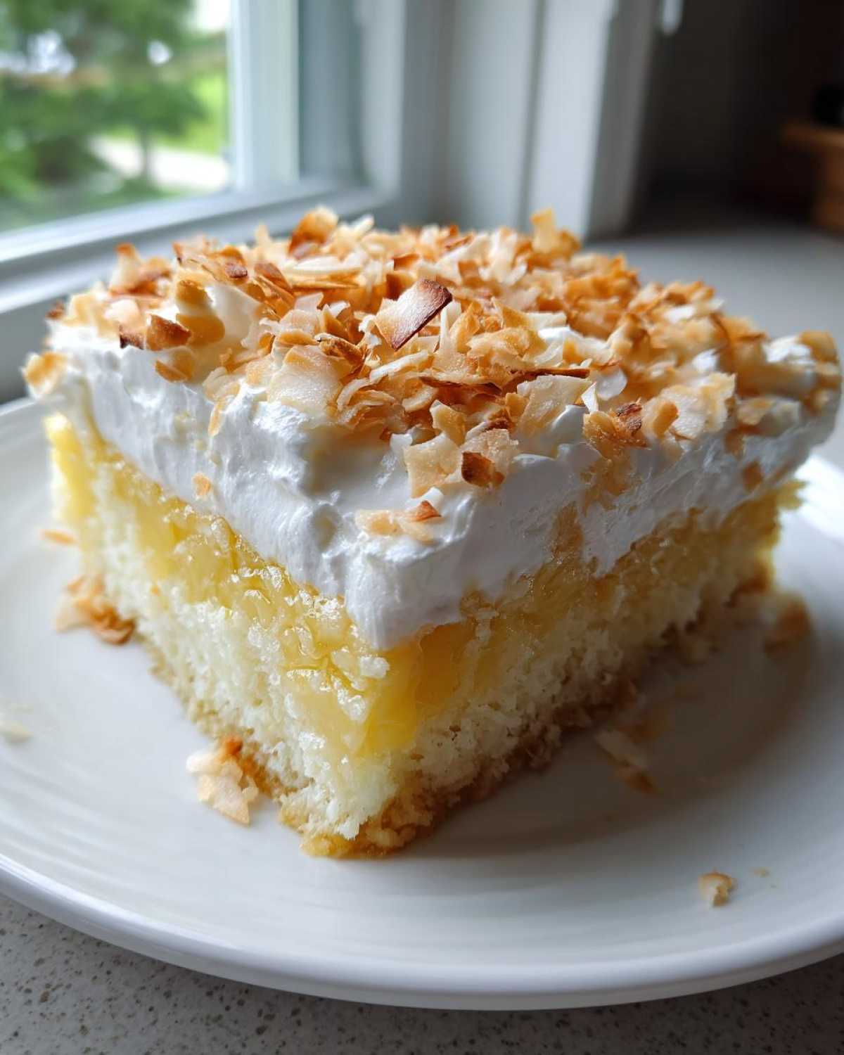 A square slice of moist coconut poke cake topped with whipped cream and toasted coconut flakes.