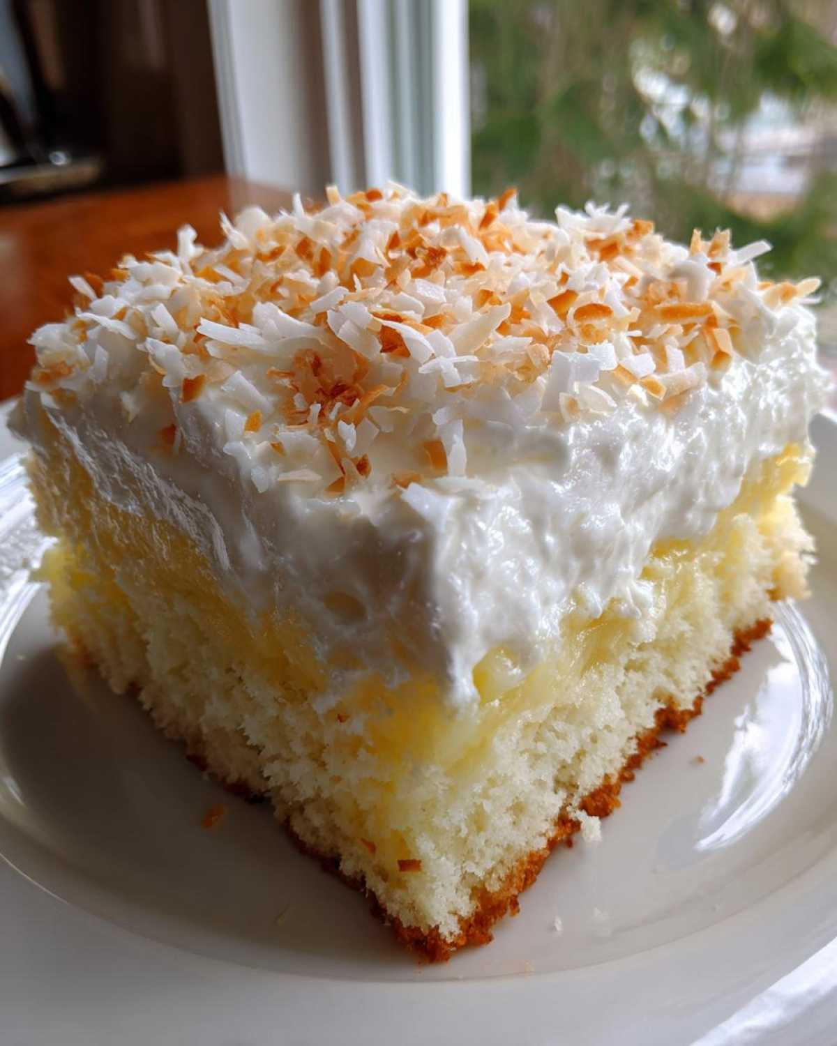 A square slice of moist coconut poke cake topped with whipped cream and toasted coconut flakes.
