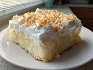 A moist slice of coconut poke cake topped with fluffy white frosting and toasted coconut flakes.