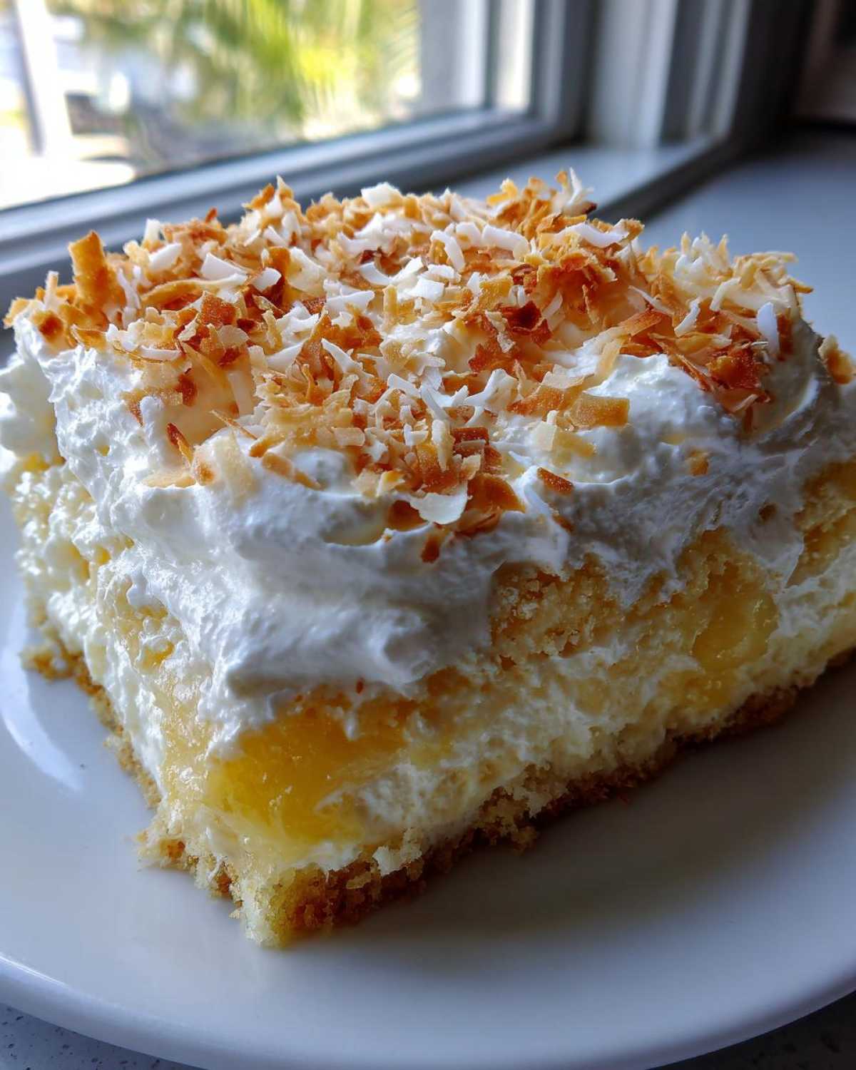 Close-up of a moist slice of coconut poke cake topped with whipped cream and toasted coconut flakes.