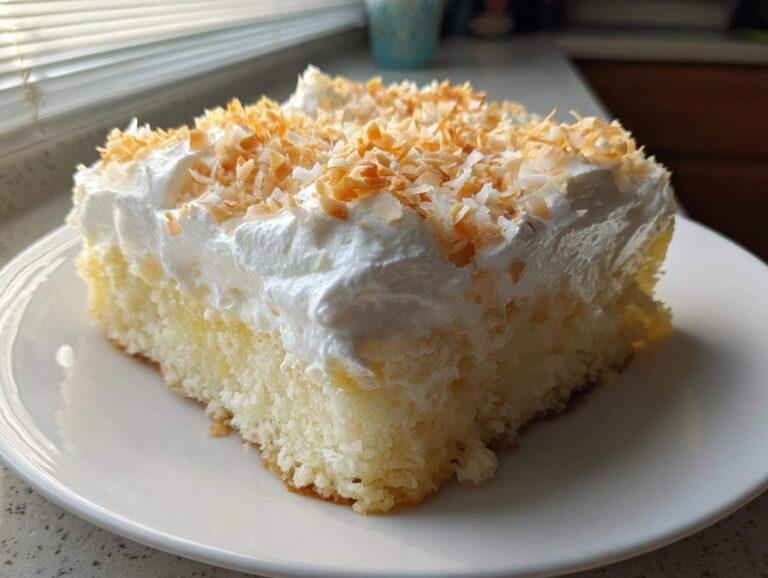 A moist slice of coconut poke cake topped with fluffy white frosting and toasted coconut flakes.