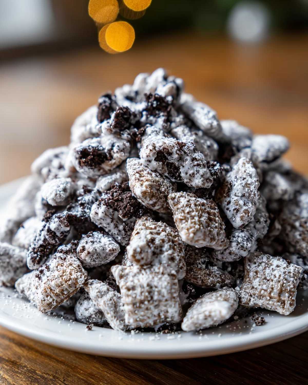 A close-up view of a large pile of cookies and cream puppy chow coated in powdered sugar on a white plate.