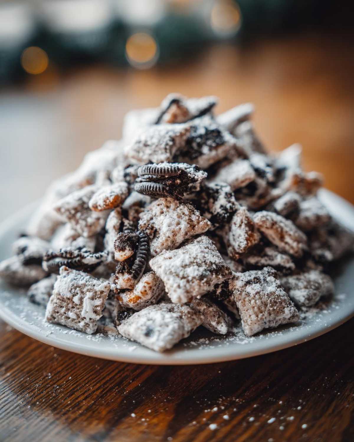 A close-up of a mound of cookies and cream puppy chow coated in powdered sugar on a white plate.