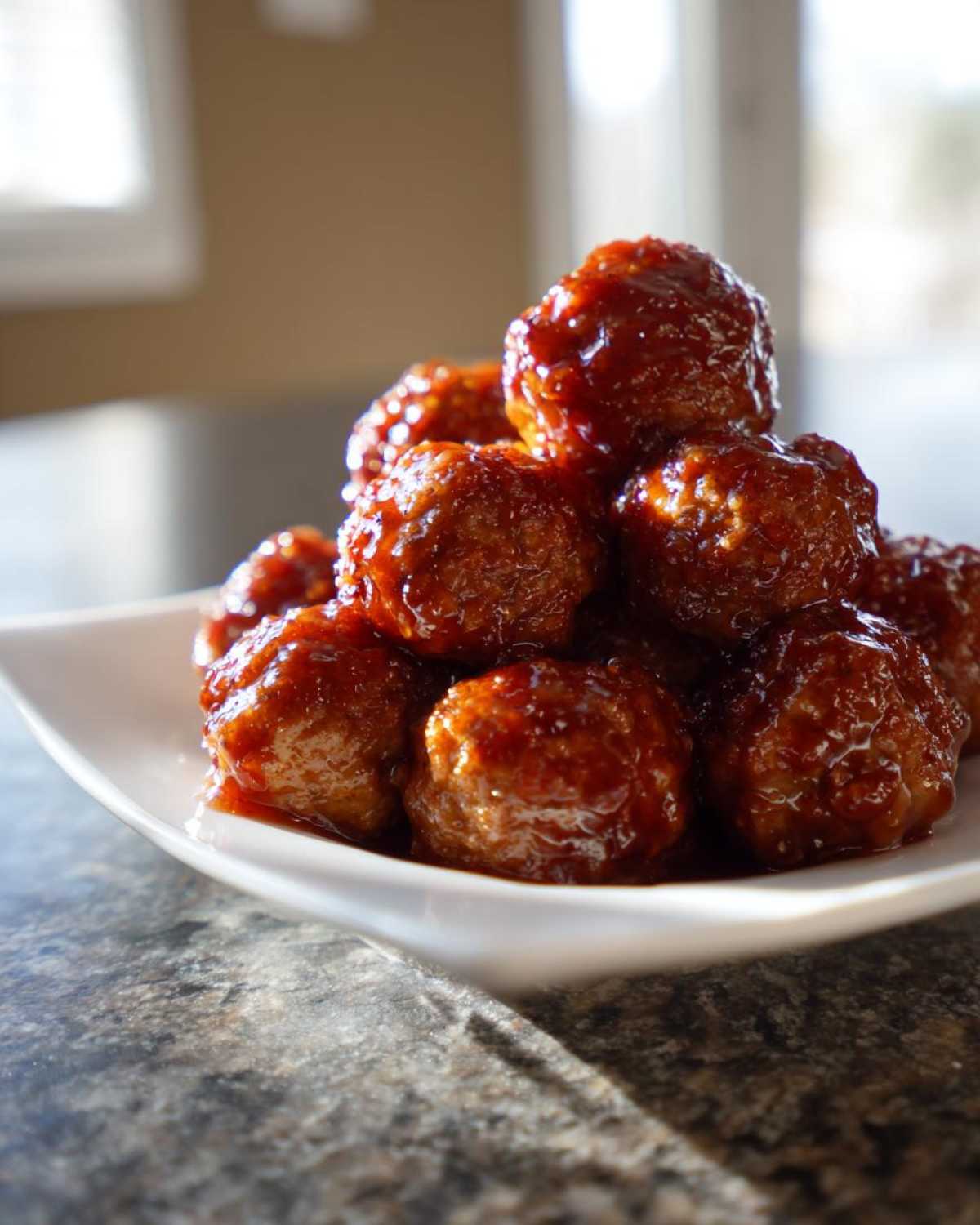 A close-up of a small pile of glossy, saucy cranberry meatballs served on a modern white dish.