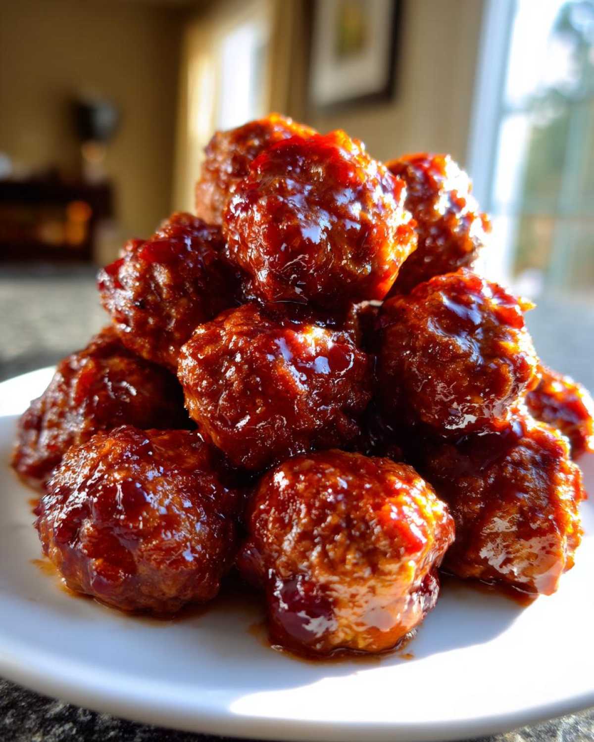 A close-up, sunlit stack of glossy, saucy cranberry meatballs piled high on a white serving plate.