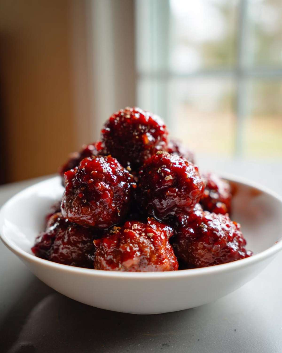 Close-up of glossy, saucy cranberry meatballs piled high in a small white serving bowl.