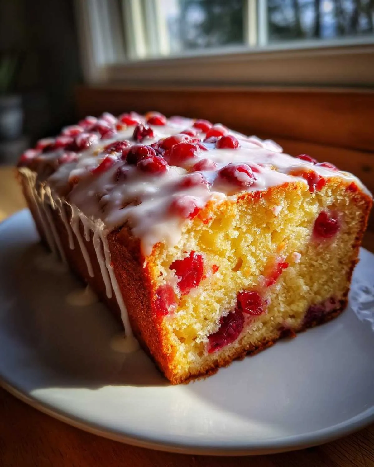 A freshly baked loaf of cranberry orange bread, topped with white glaze and whole cranberries, sitting on a white plate.