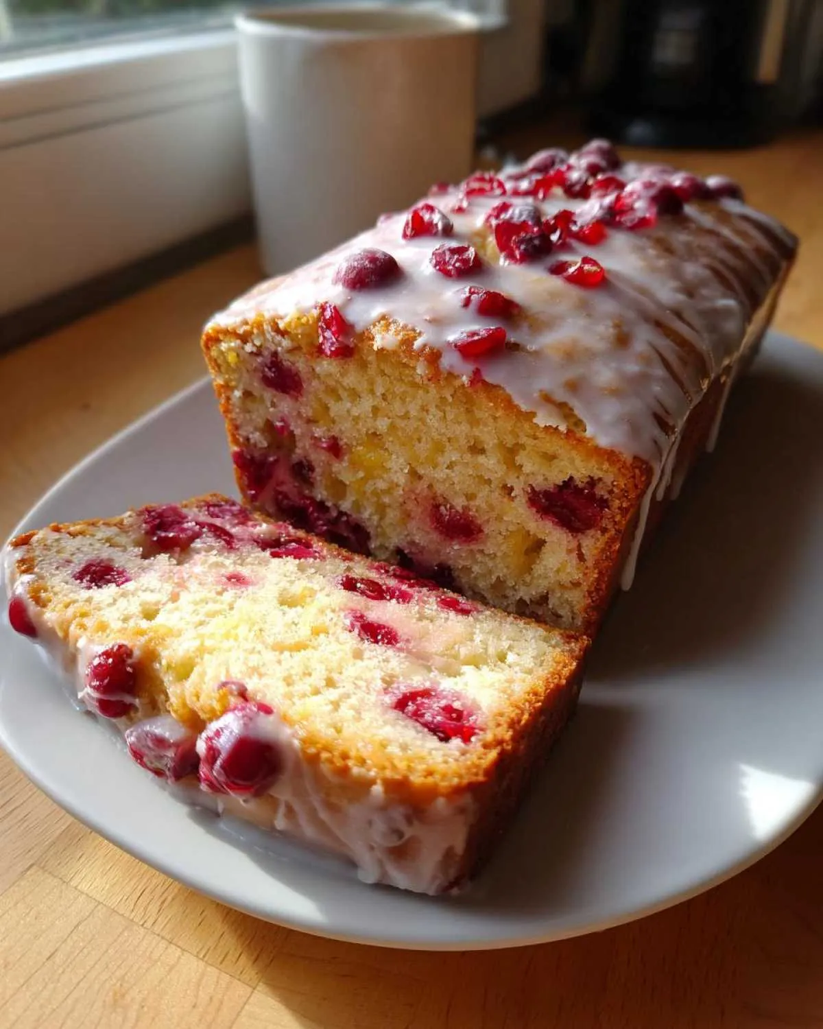 A loaf of cranberry orange bread, drizzled with white glaze and topped with cranberries, with one slice cut and resting beside it.