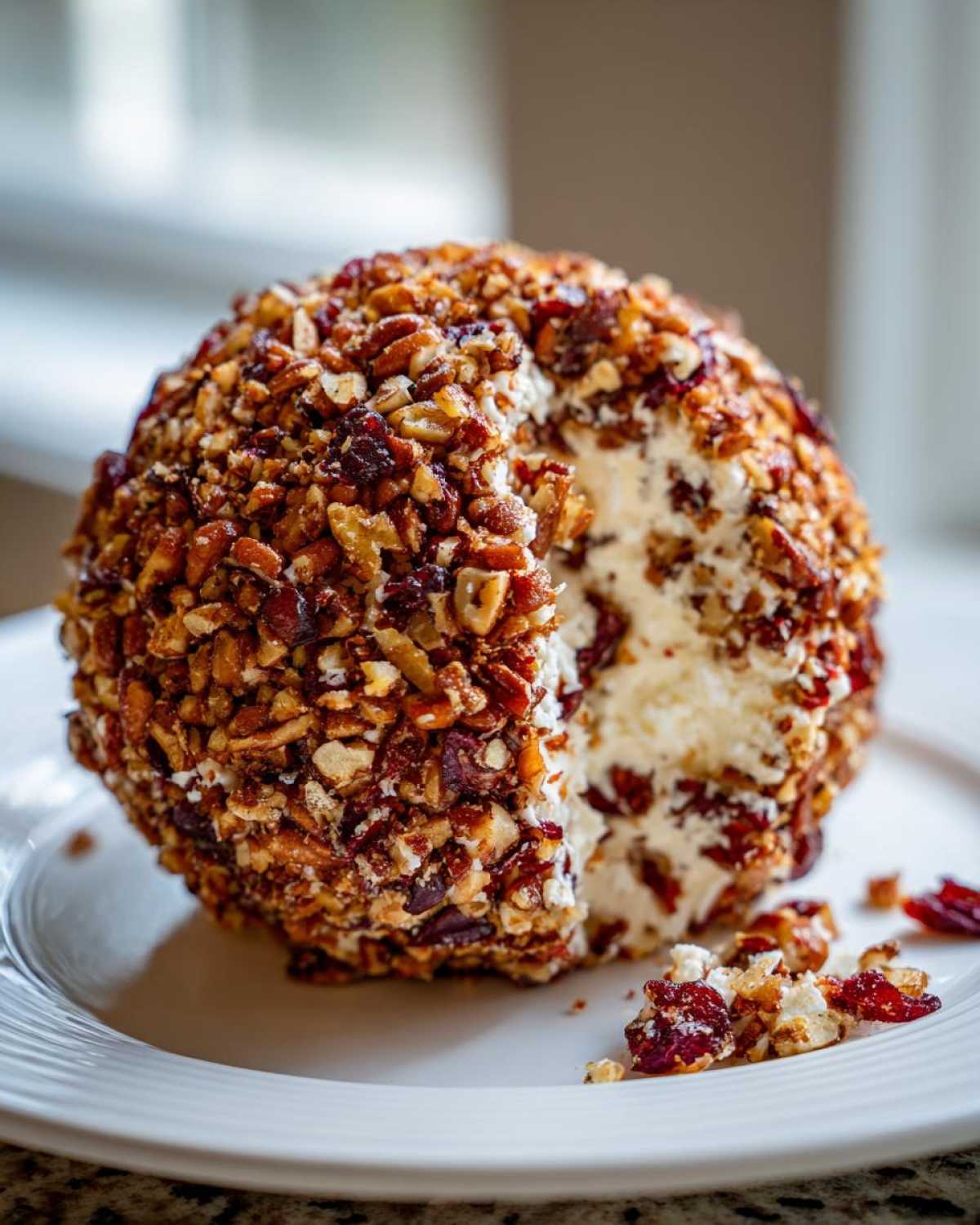 A close-up of a perfectly formed cranberry pecan cheese ball with a serving slice removed, revealing the creamy interior.